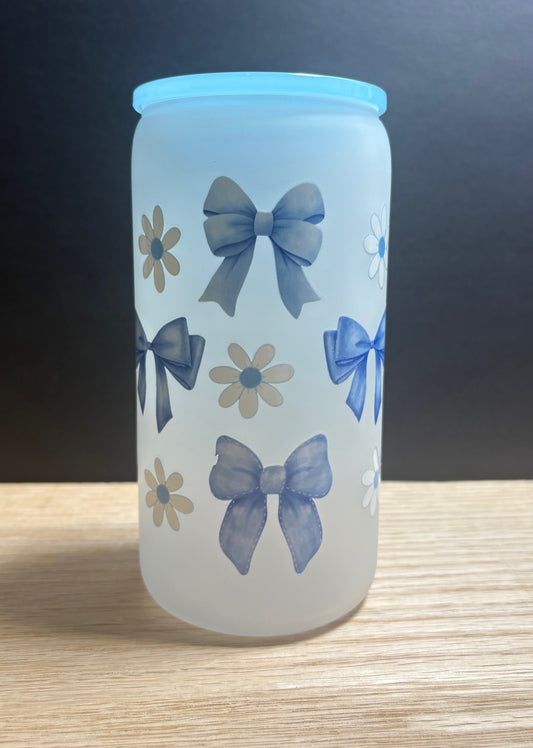 Frosted Blue Bows - 16oz Glass w/ Colored Lid