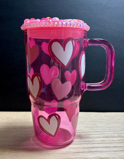 Pink Hearts - 20oz Glass w/ Decorated Lid