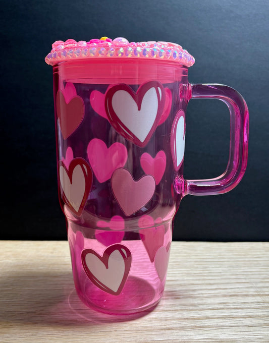 Pink Hearts - 20oz Glass w/ Decorated Lid