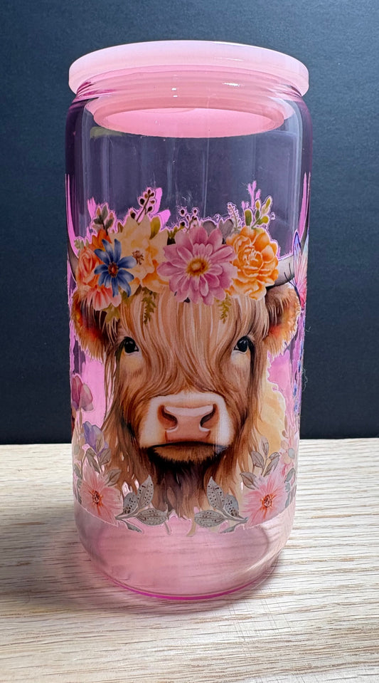 Pretty Cow - 16oz Glass w/ Colored Lid
